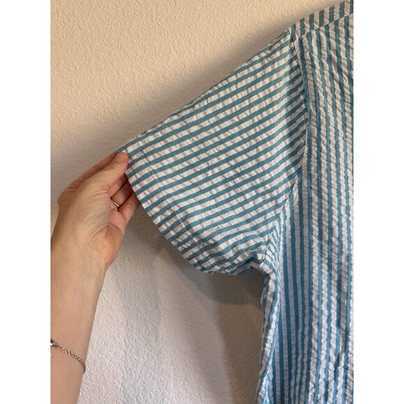 Woman Within Blue Striped Textured V Neck Short Sleeve Button Down Blouse 1X - Picture 3 of 9